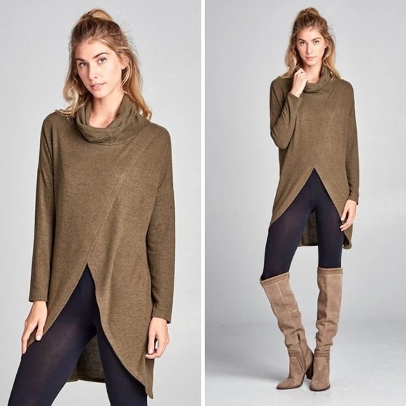 Boutique Sweaters - Hacci Brush Cowl Neck Long Blouse Top Olive